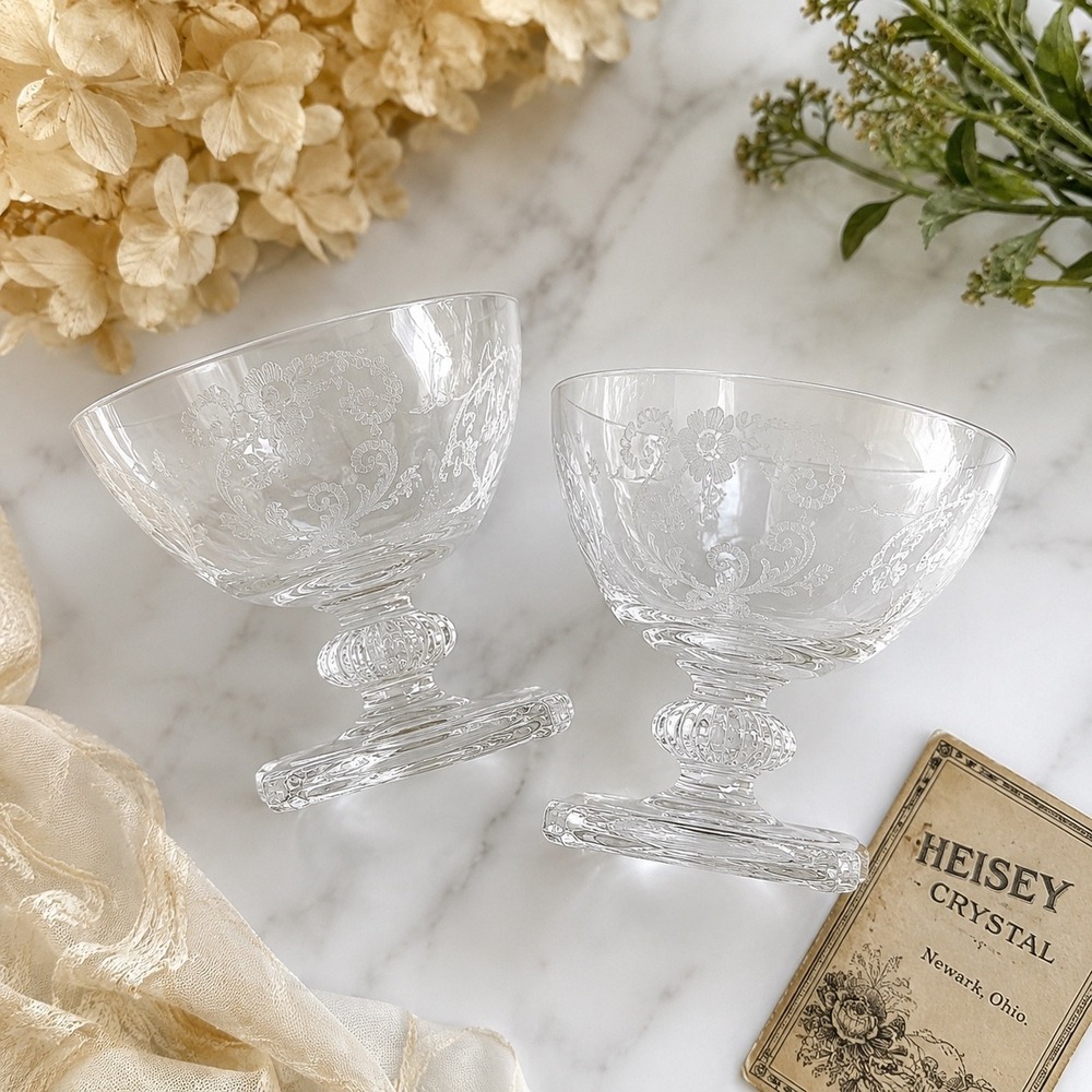 Heisey Old Colony Champagne Coupe Cocktail Sherbet Glasses Etched Crystal (2)